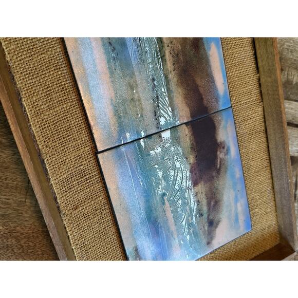 MCM Art Enamel On Copper Painted Tiles On Burlap Wood Tray Frame Signed KIM VTG - Picture 5 of 8
